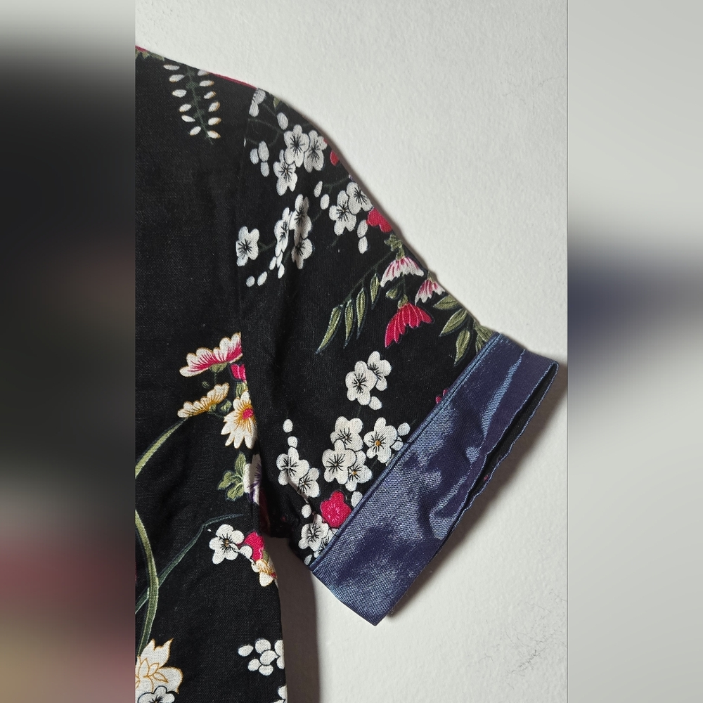 Womens Cotton Linen Short Sleeve Chinese Shirt with Flower Print Size M - Picture 13 of 16